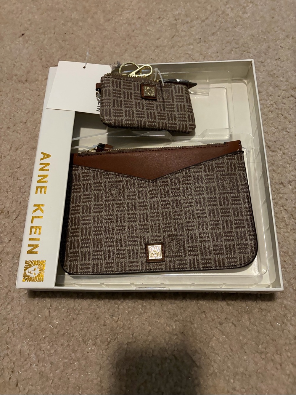 Anne Klein Brown Patterned Wristlet and Mini Card Pouch Set
